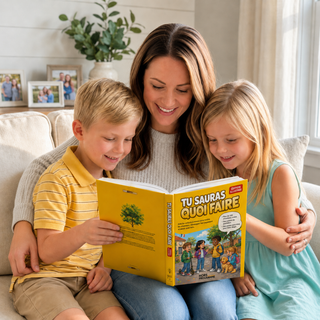 Une famille lit le livre TU SAURAS QUOI FAIRE à la maison